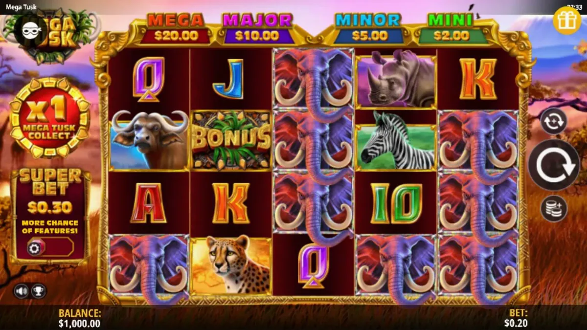 Cenário de savana africana com elementos do slot Mega Tusks da IGT