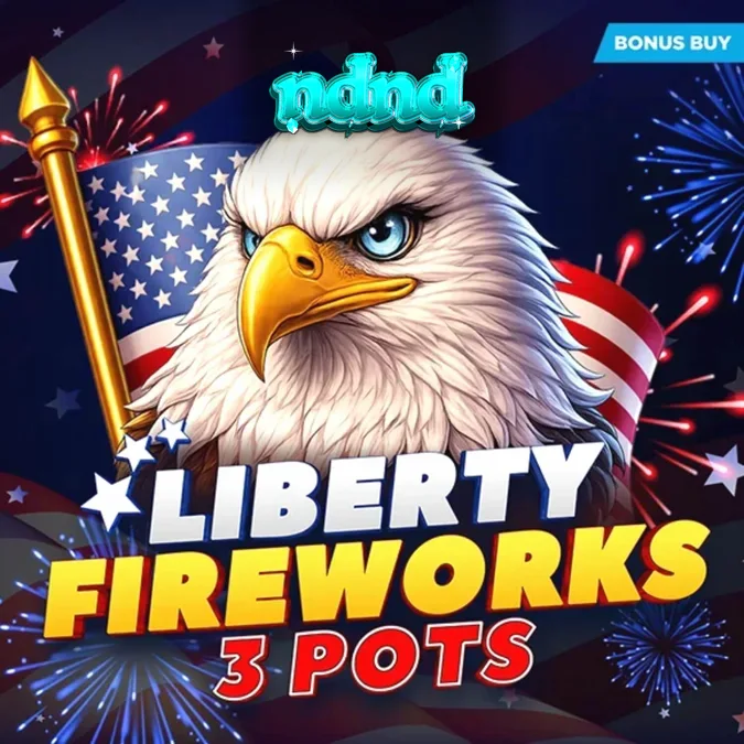 Interface colorida e festiva do slot Liberty Fireworks 3 Pots com fogos de artifício ao fundo.